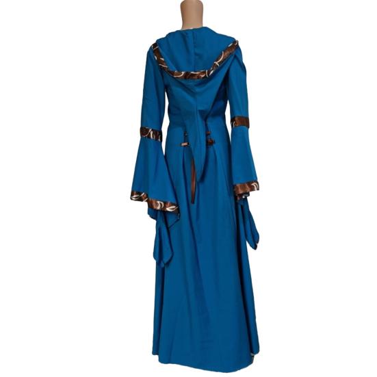 Women Dress Medieval Royal Style Lace-up Hooded Bat Sleeve Maxi Dress Waist-Cinching Square Collar Stage Performance Renaissance Cosplay Costume