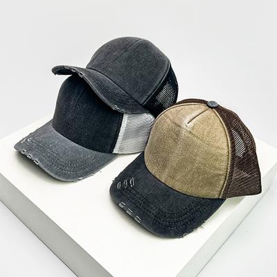 Новые унисекс Бейсболки в стиле Color Block с рваным дизайном, дышащей сеткой, защитой от солнца, ретро-кепки тракеры, универсальные, простые, модные