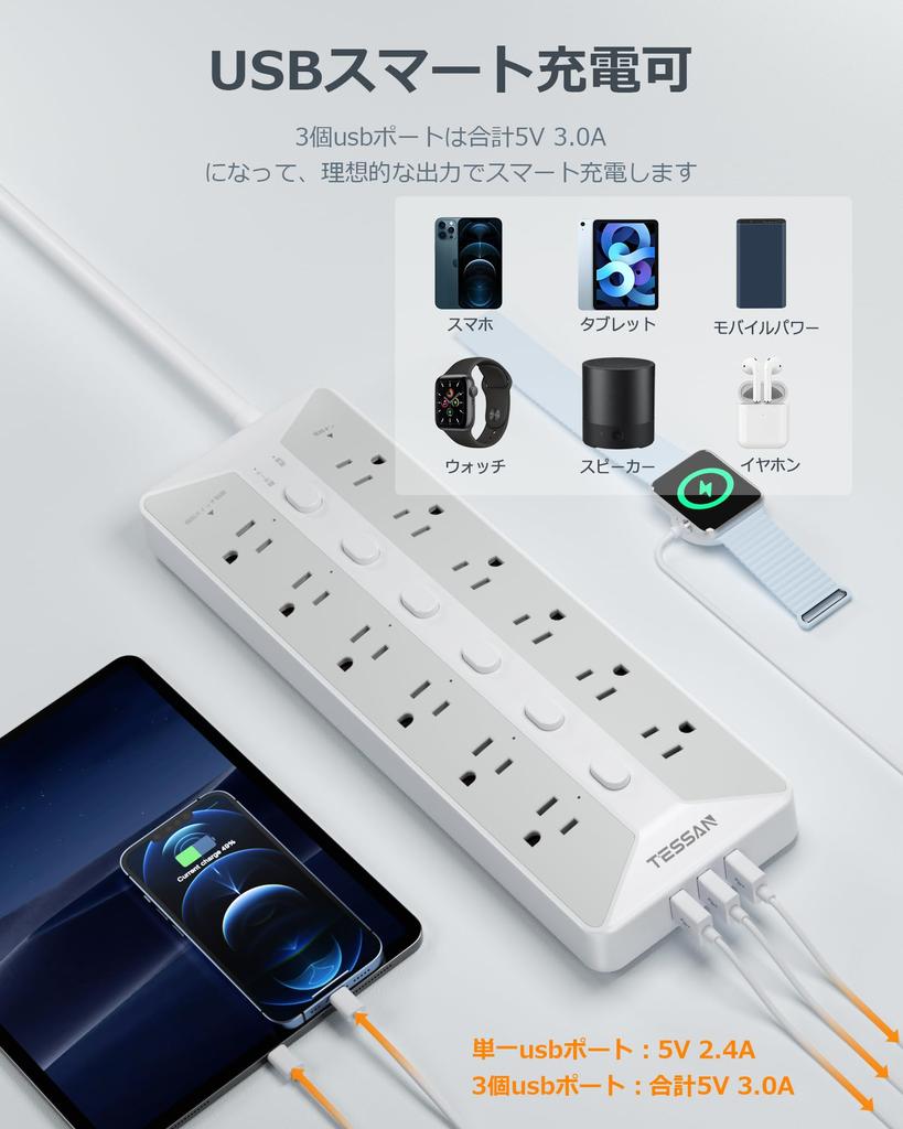 Power Tap with Switch Extension Cord 2m USB Outlet TESSAN 12 AC Outlets 3 USB Ports Table Tap Wall Mount Multi Tap OA Tap Wide Outlet Octopus Foot