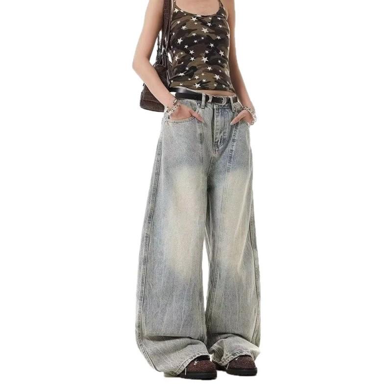 Retro Washed Deconstructed Denim Pants Unisex Wide Leg Relaxed Fit Straight Cut