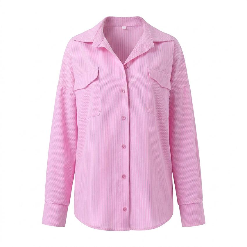1116 European and American pink striped polyester cotton long-sleeved shirt women's design sense loose casual temperament versatile top