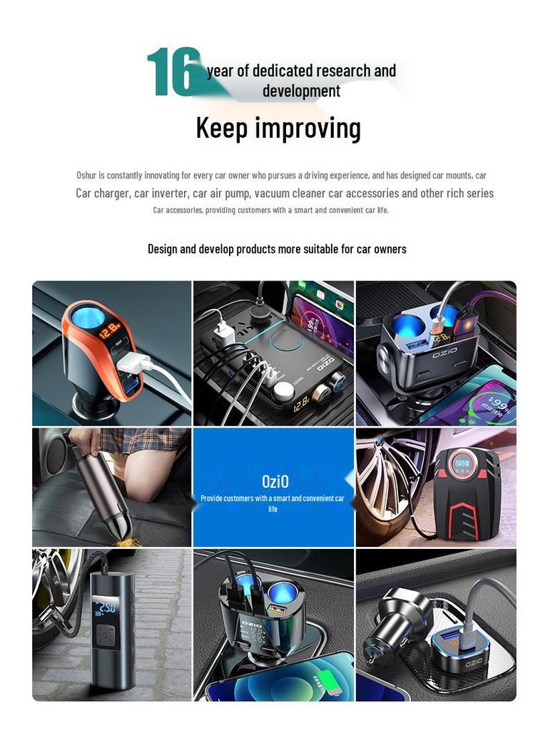 Автомобильное зарядное устройство Oshur с быстрой зарядкой, расширением USB и тройным адаптером прикуривателя