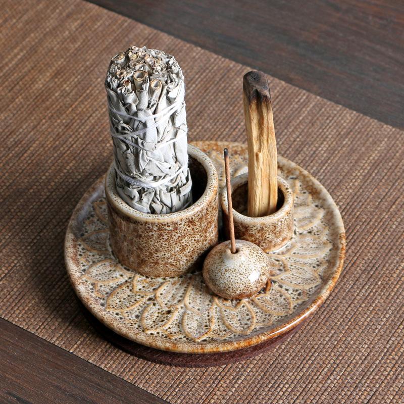Ceramic Palo Santo Sticks Holder 4 In 1 Incense Burner Sage Holder Incense Holder Ash Catcher Tray for Meditation Yoga Room