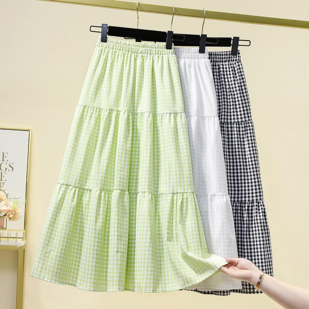 Qooth Women Elastic Waist Printed A-line Plaid Skirt Elegant Vintage High Waist Long Skirt For Spring Summer QT2210