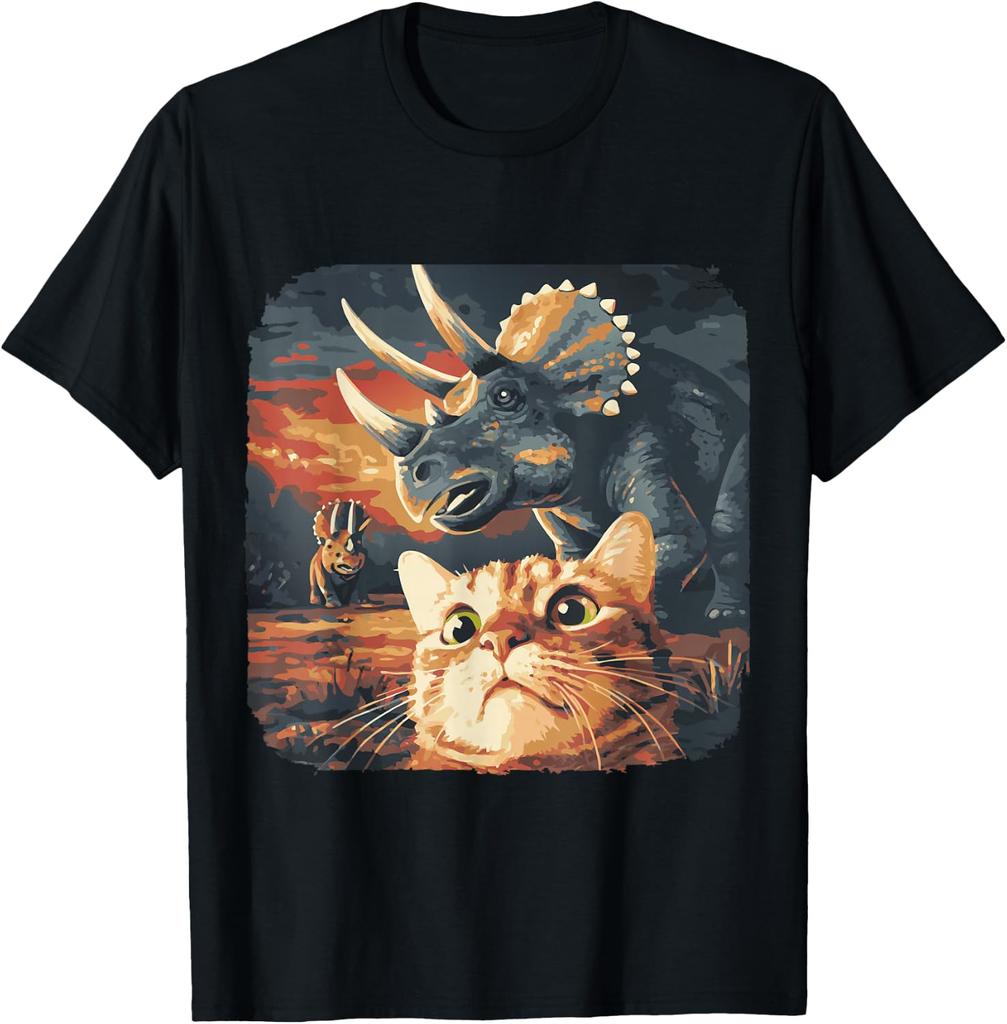 Funny Cat Selfie with Triceratops Dinosaur Jurassic Meme T-Shirt