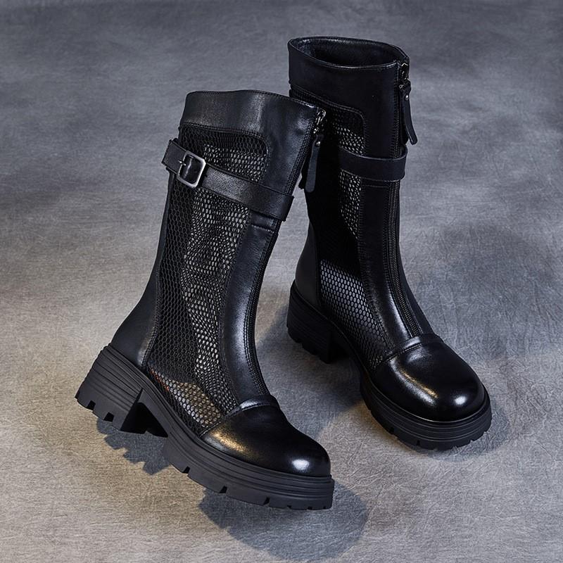 Johnature Летние ботинки из натуральной кожи с сетчатой вставкой, дышащие, универсальные сандалии на толстом каблуке