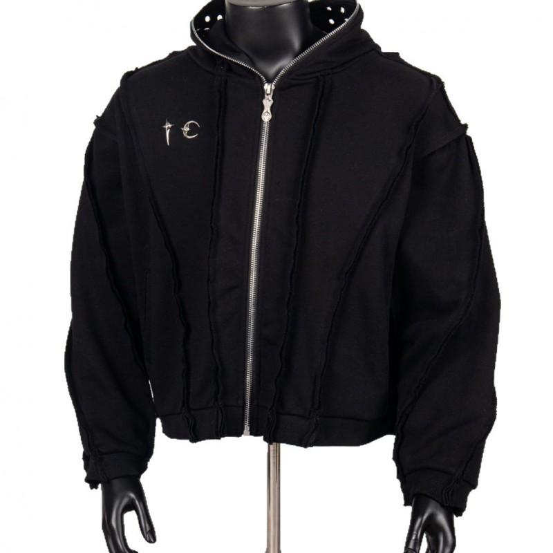 Distressed Oversized Hooded Zip-Up Sweatshirt Streetwear Loose Fit Cotton Pullover Men Fall
