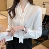 Модная белая шифоновая блузка с длинным рукавом и v-образным вырезом, женские топы J1223