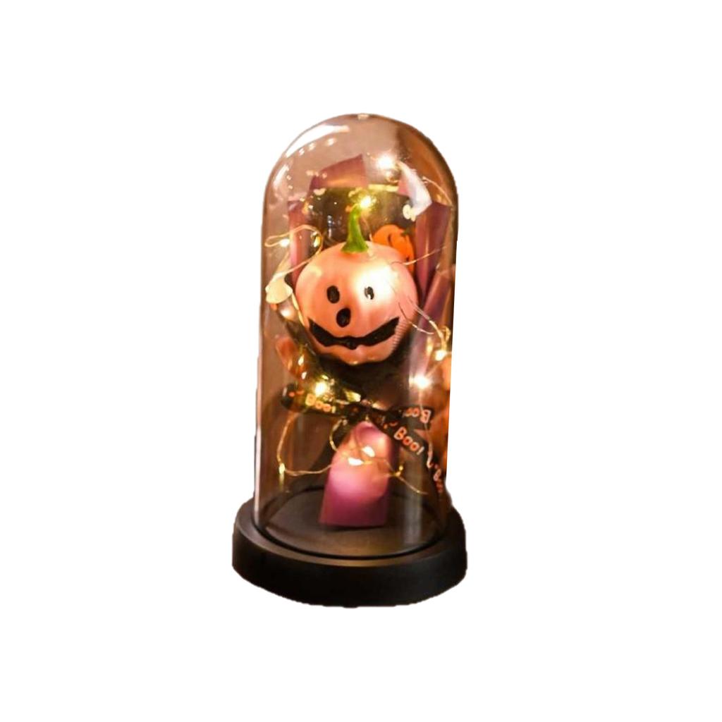 2025 New Halloween Lights LED Glass Dome with Artificial Plants Light-up Pumpkin Cloche for Home Kitchen Mantel Party Decor