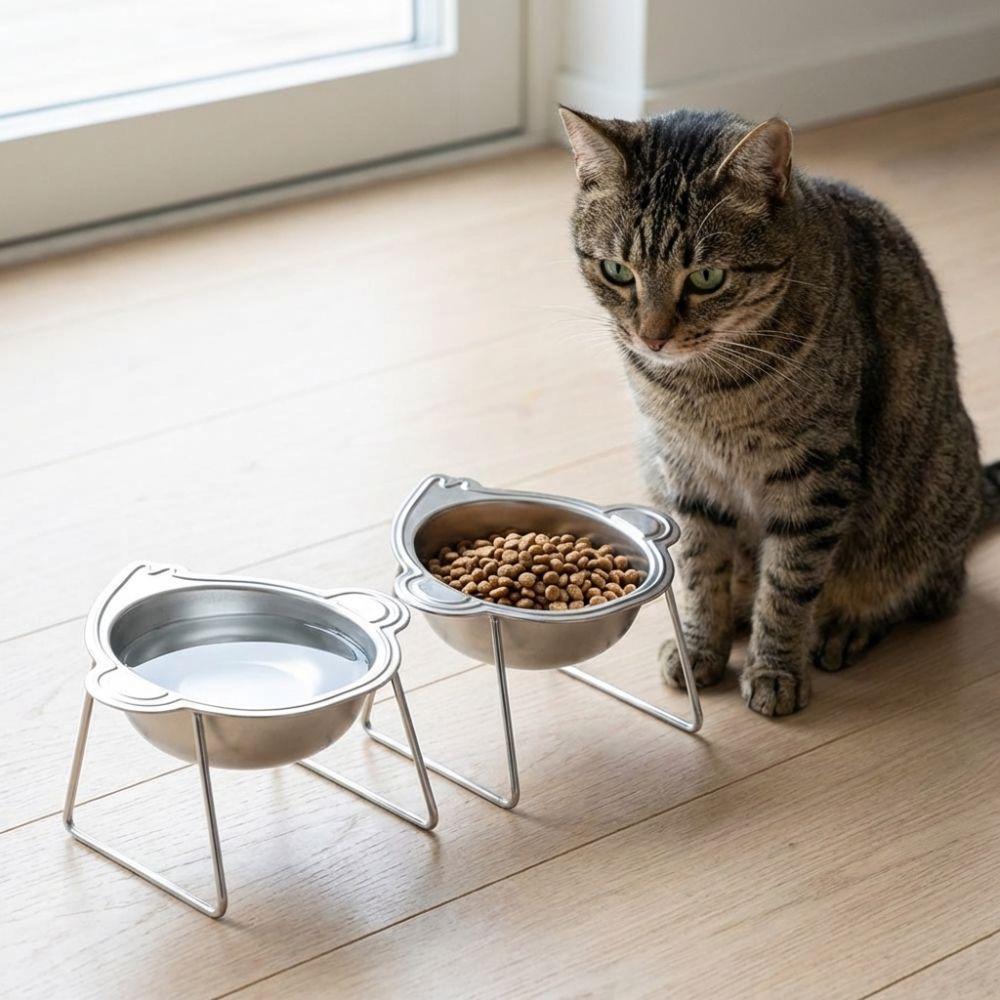 15 Degree Inclined Raised Cat Bowls Stainless Steel Pet Feeder Container  Kitten/Puppy/Bunny