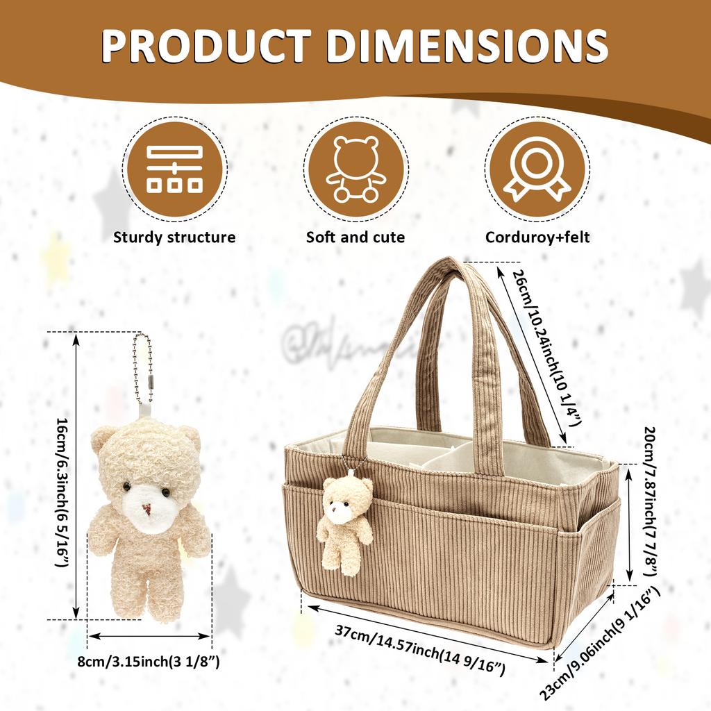 Travel Portable Mommy Bag Foldable Baby Diaper Caddy Organizer with Handle and Bear Charm Corduroy Newborn Diaper Storage Basket
