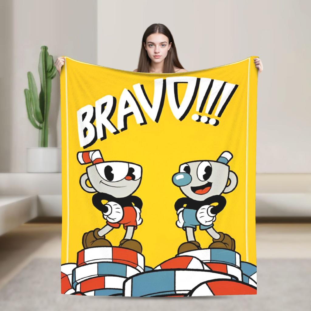 Cupheads Knitted Blanket Fleece Video Game Warm Throw Blanket for Outdoor Travel Bed Rug
