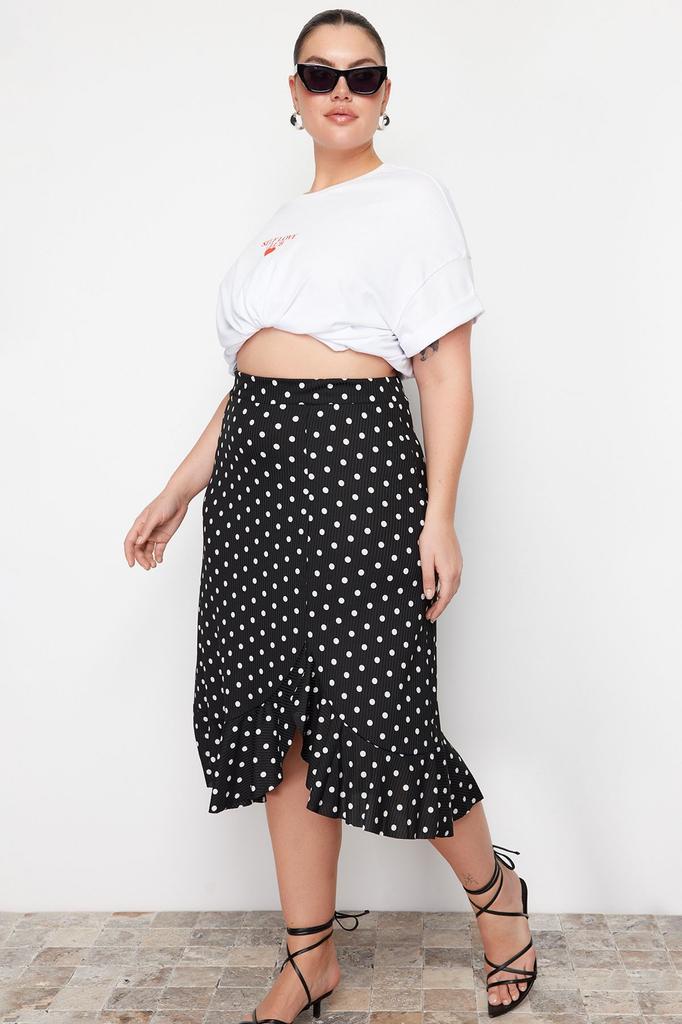 Women's Style Plus Size Black Polka Dot Patterned A-Line Knitted Skirt