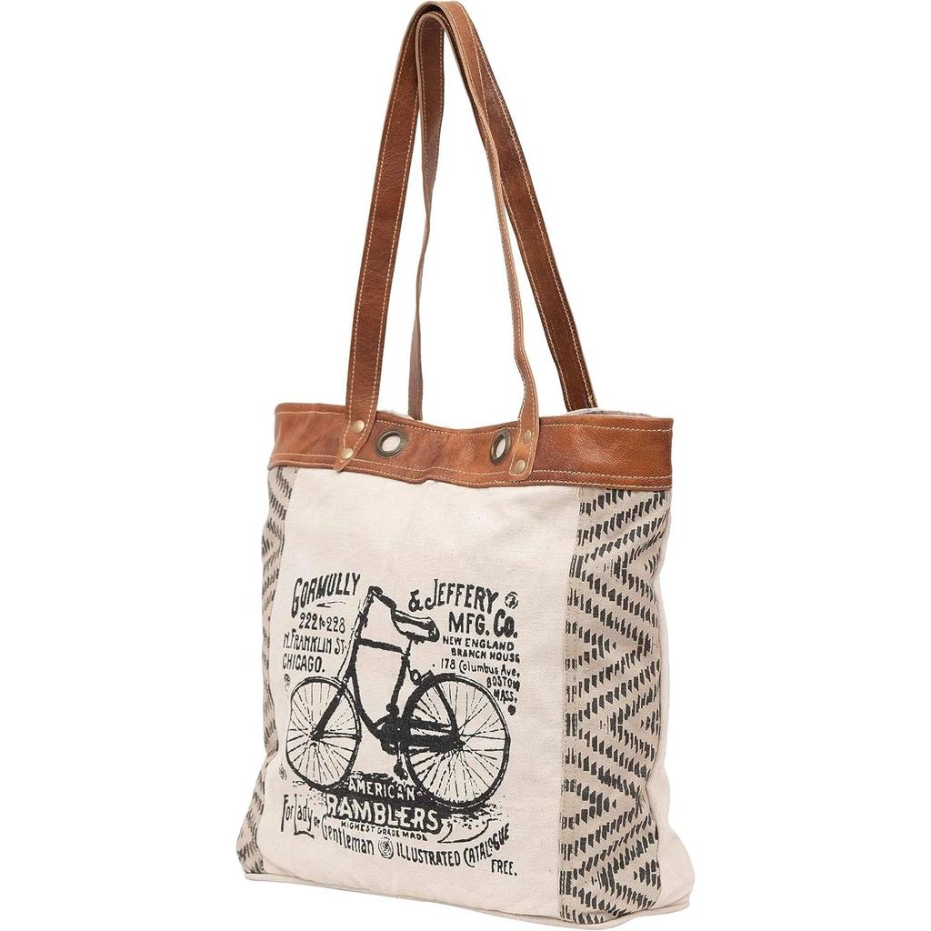Let's Touch The Sky Leather Bags Bicycle Upcycled Canvas Tote Bag White Tan, Khaki, Brown