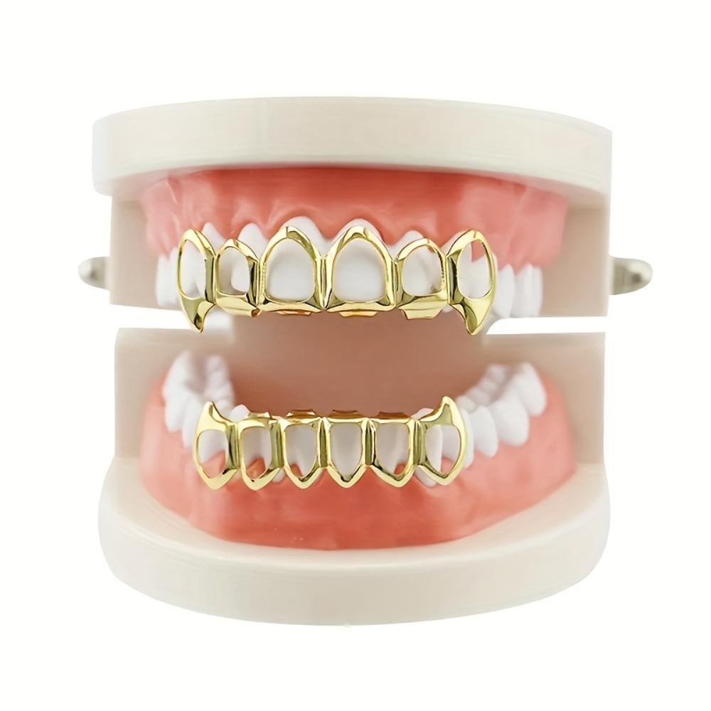 Anti Slip Teeth Grillz Caps Glossy Finish Teeth Jewelry Hollow Teeth Grillz Top Bottom Set Rapper