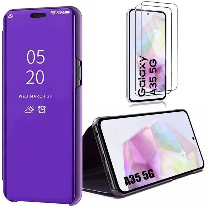 Coque pour Samsung Galaxy A35 5G + 2 Verres Trempés, Smart Flip Cover avec Support, Effet Miroir, Protection Antichoc - Violet