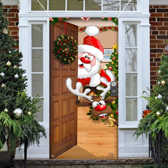 Christmas Door Cover Colorful Print Christmas Door Decoration Backdrop Front Door Decor Holiday Festive Xmas Party Supplies