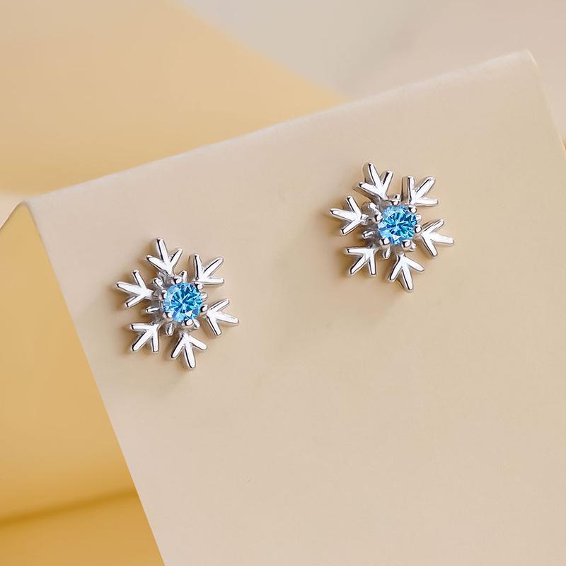 S925 Sterling Silver Blue Zircon Snowflake Stud Earrings - Versatile & Elegant Women's Christmas Jewelry