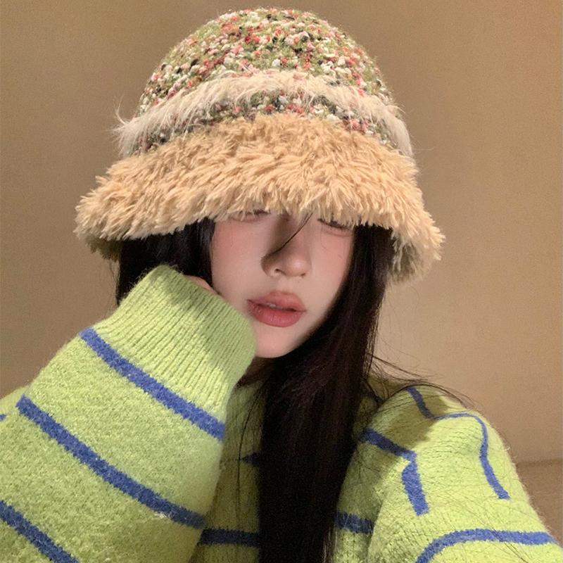 Autumn and Winter New Plush Warm Fisherman Hat Children Color Matching Basin Hat Outdoor Travel Show Face Bucket Hat Tide