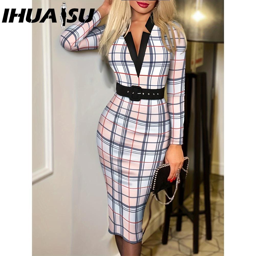 IHUASU Женская мода весенне-осенние повседневные платья с длинным рукавом и v-образным вырезом с высокой талией