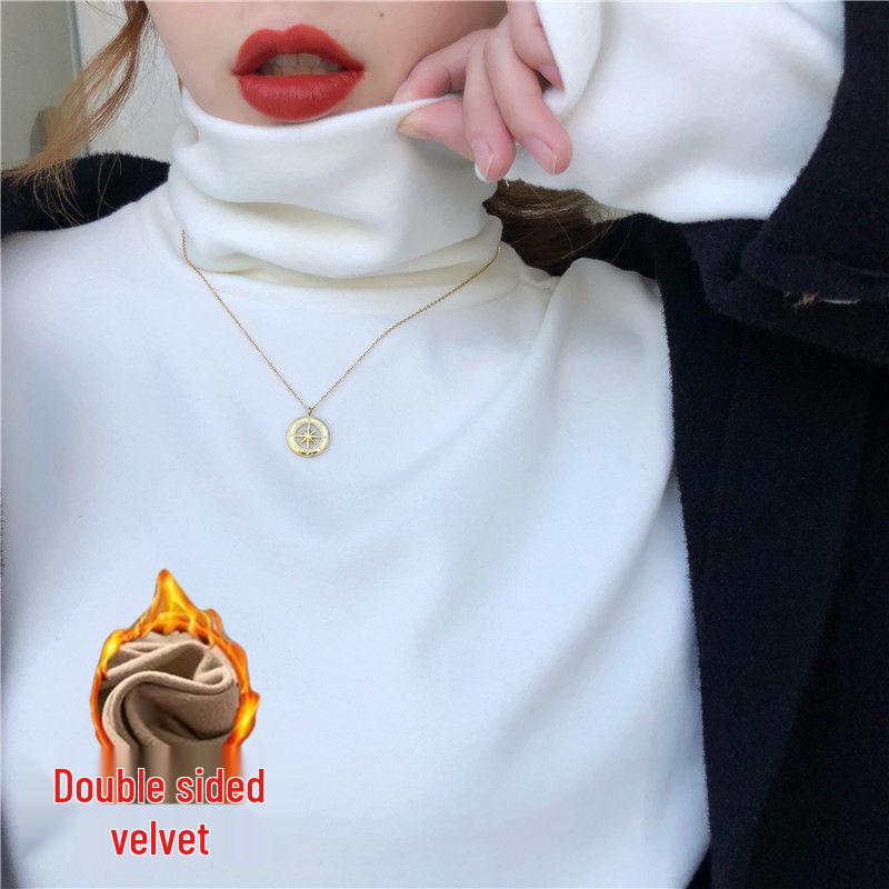 Женский бархатный топ с высоким воротом, двухсторонний теплый, с длинными рукавами - Осень и Зима, прилегающий к телу