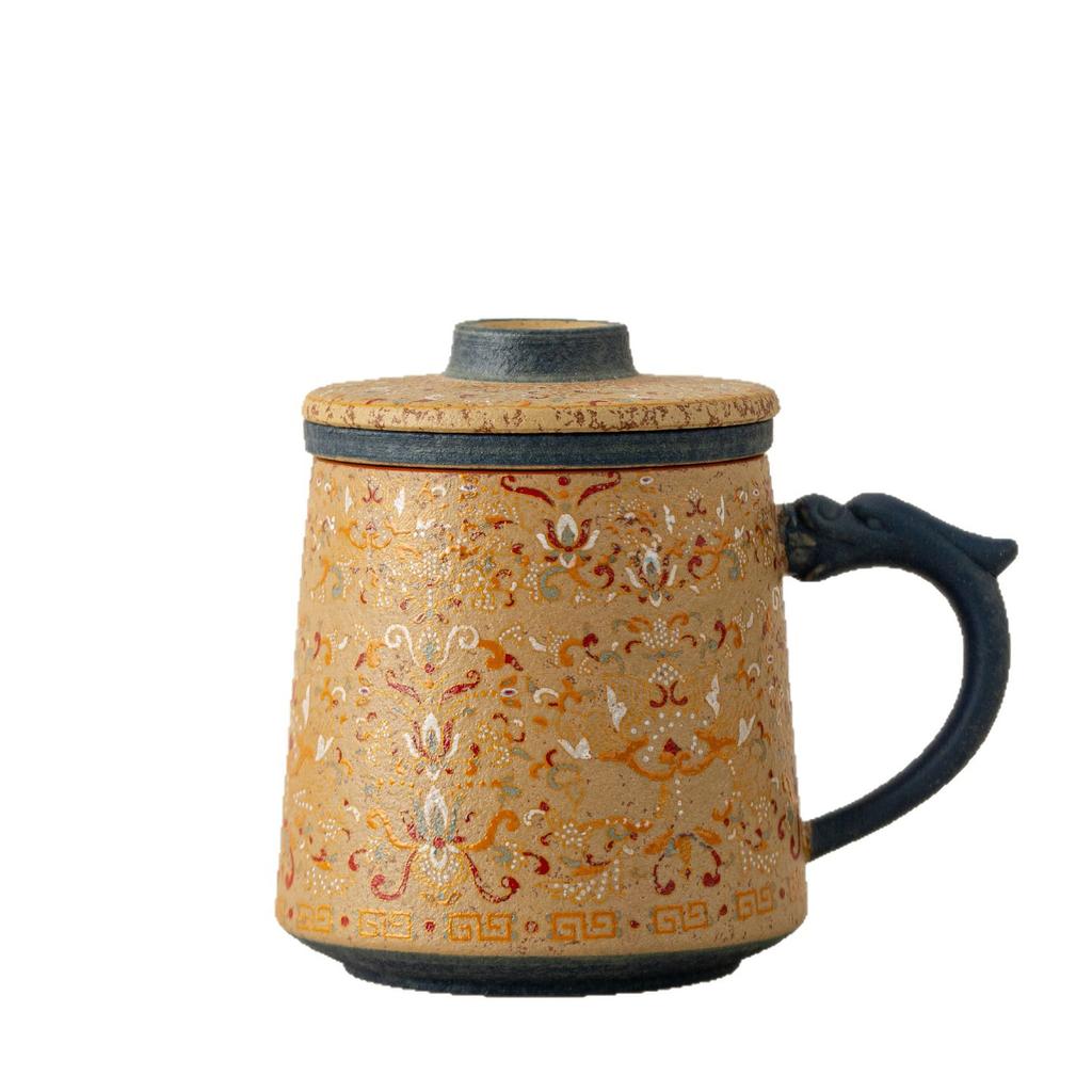 New Chinese coarse pottery Danhong Tang Yun office cup retro mug household ceramic with lid tea separation tea cup
