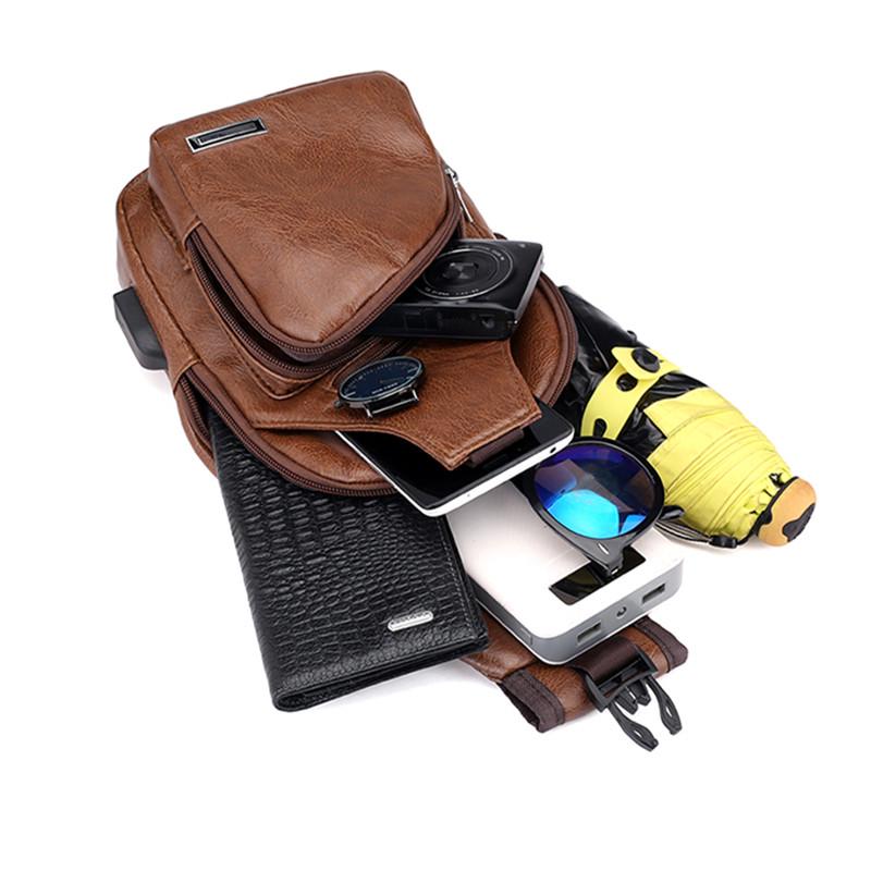 Мужская наплечная сумка для зарядки Кожаная сумка USB нагрудная сумка Спортивная сумка для походов из искусственной кожи