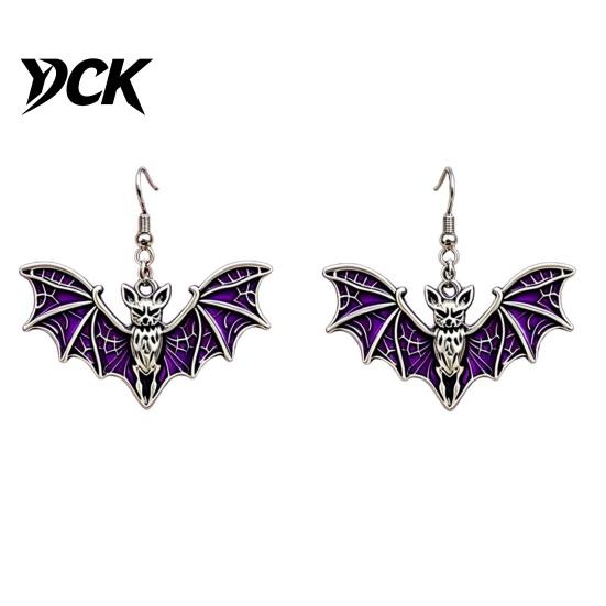 Detailed Bat Wing Jewelry Gothic Halloween Accessory, Vintage Punk Necklace, Viking Retro Style Dark Dangle Drop Earrings for Cosplay Party