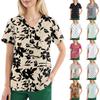 Plus Size Printed Scrub Working Uniform Tops For Women's V-Neck Short Sleeve Fun T-Shirts Workwear Tee With Pockets