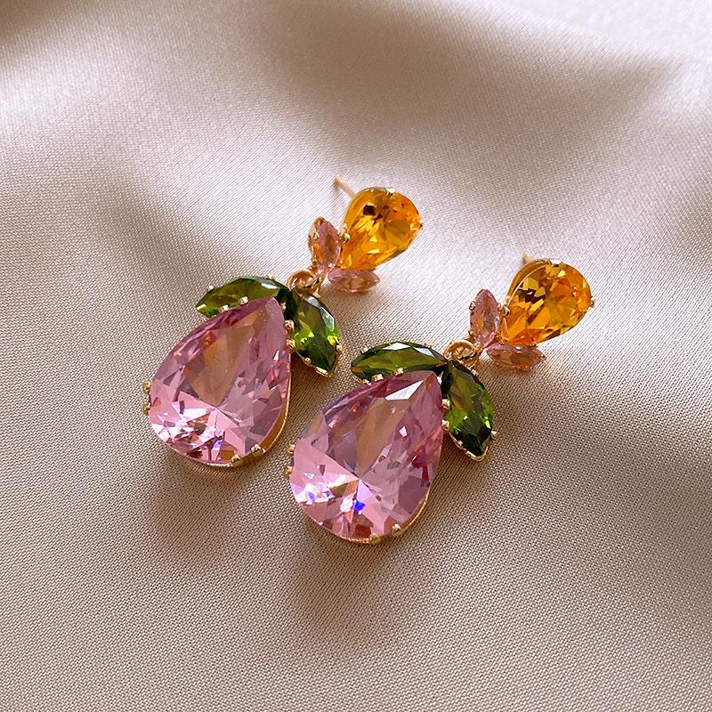 Exquisite Pink Zircon Rhinestone Earrings Love Heart Water Drop Flower Dangle Earrings For Women Party Ear Jewelry K-