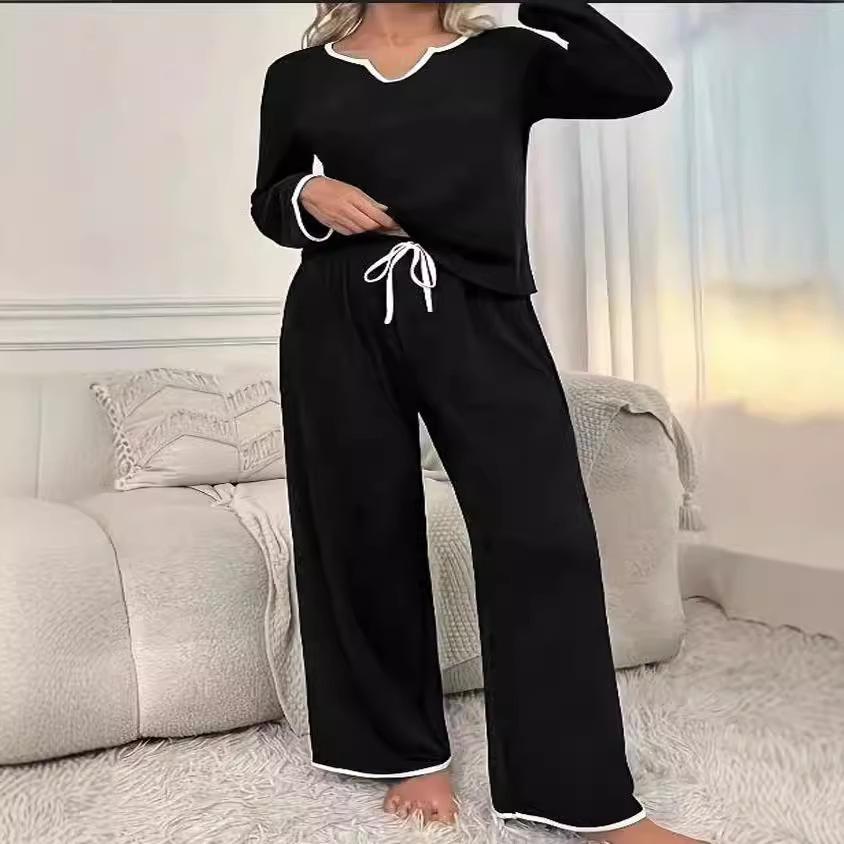 Women's Sets Black Long-sleeved V-neck Top Loose Comfortable Casual Home Drawstring Long Pants