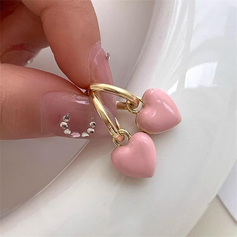 Delicate Sweet Pink Heart Shape Drop Earrings for Women Romantic Gold Color Geometry Hoop Earring Girls Party Daily Jewelry Gift