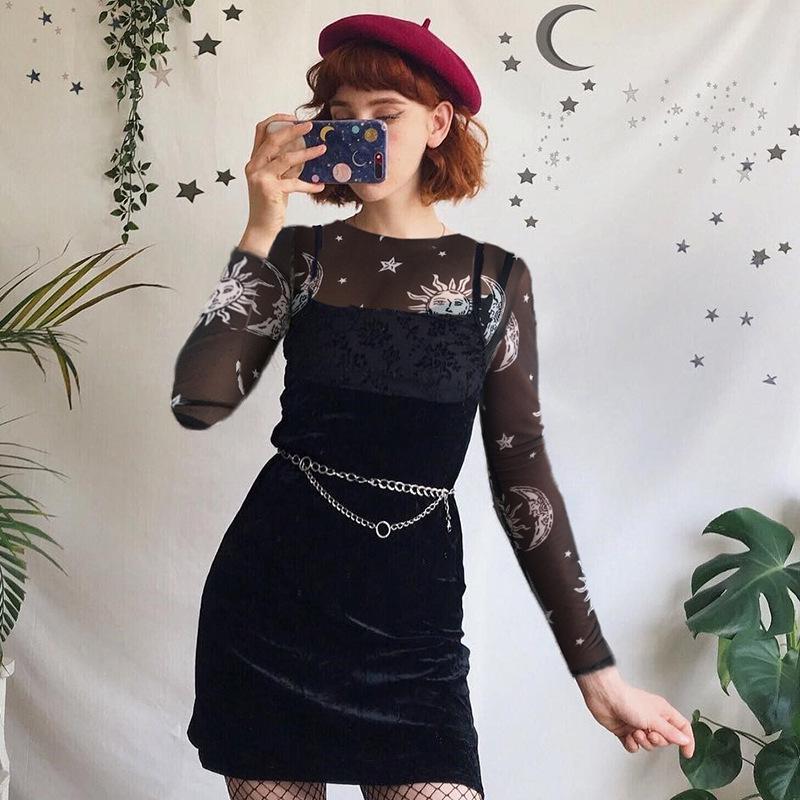 Женские сексуальные сетчатые топы в стиле Харадзюку, прозрачная футболка с длинными рукавами, прозрачная футболка с принтом Солнца, Луны, звезд, женская клубная одежда