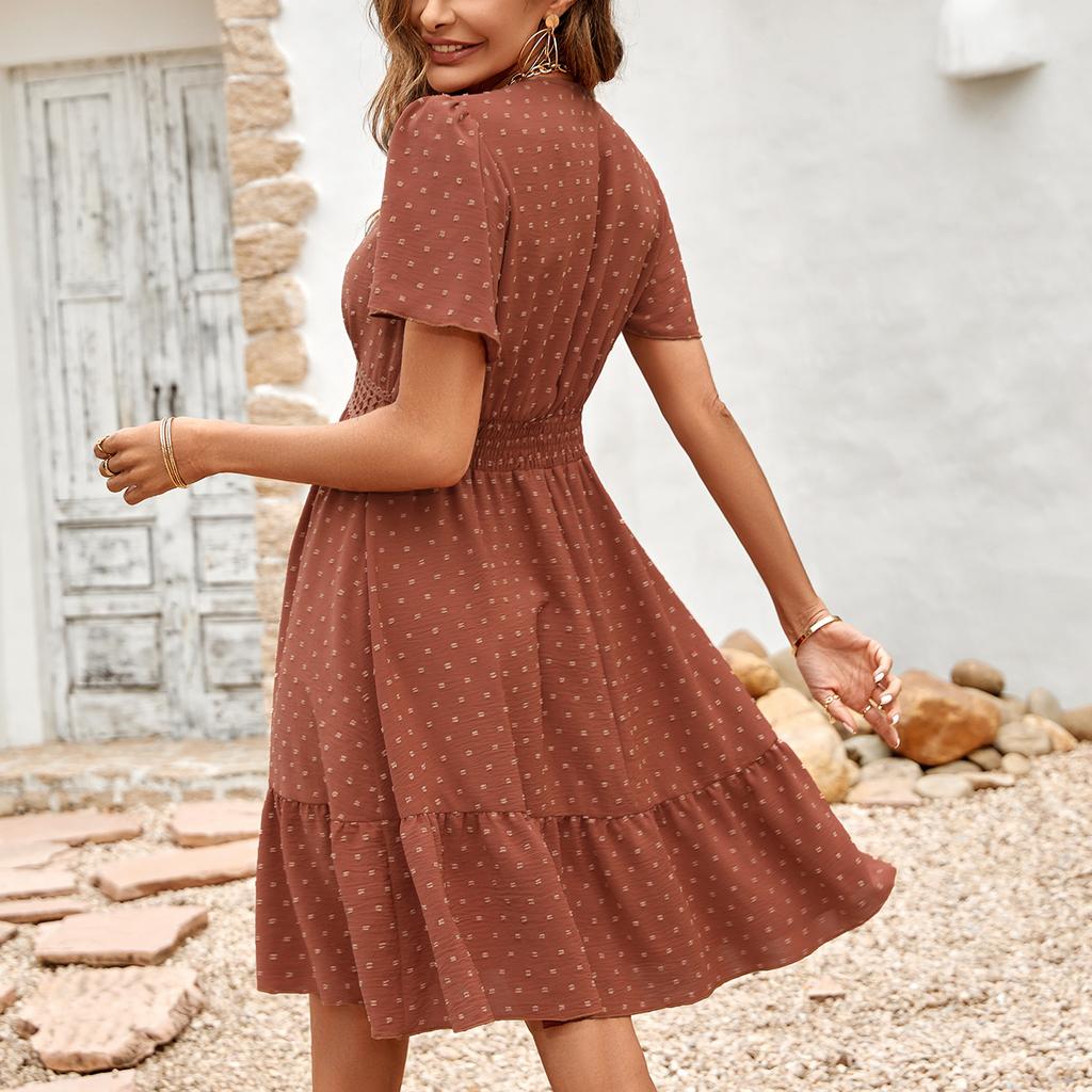 Досуг весна-лето женское однотонное платье с рукавами в виде листьев лотоса и v-образным вырезом