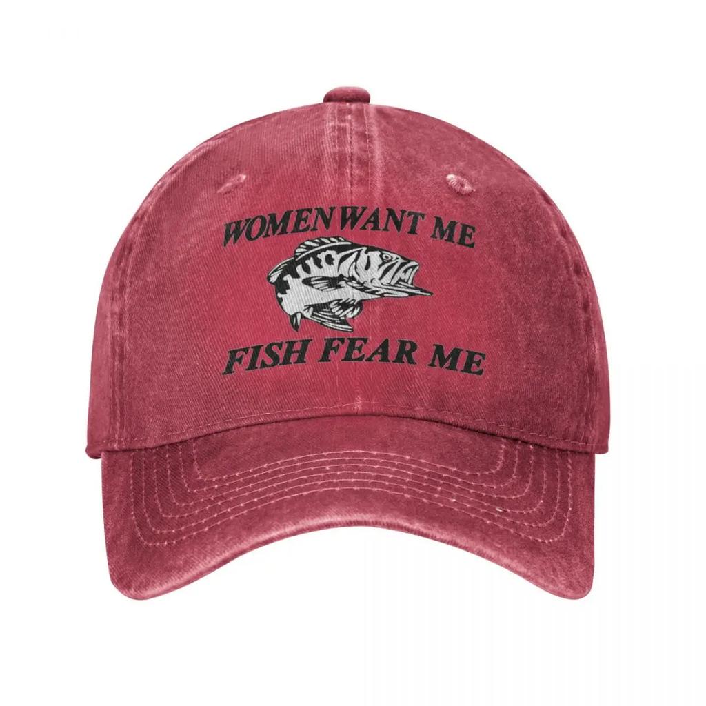 Women Want Me Fish Fear Me Fishing Unisex Style Baseball Cap Distressed Cotton Caps Hat Fashion Outdoor Activities Sun Cap