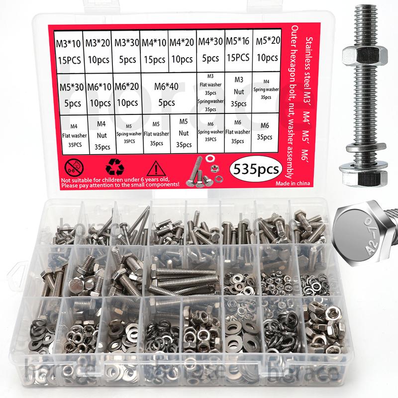 535-piece hexagon head bolts, nuts and flat washers kit, M3/M4/M5/M6 heavy duty stainless steel full thread