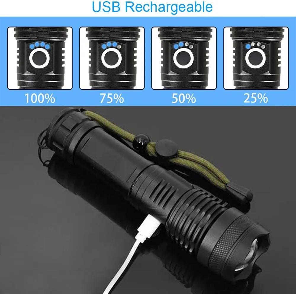 High Power LED Flashlight Rechargeable 5 Mode Aluminum Alloy Telescopic Zoom Torch Tactical Lamp for Outdoor Camping Fishing