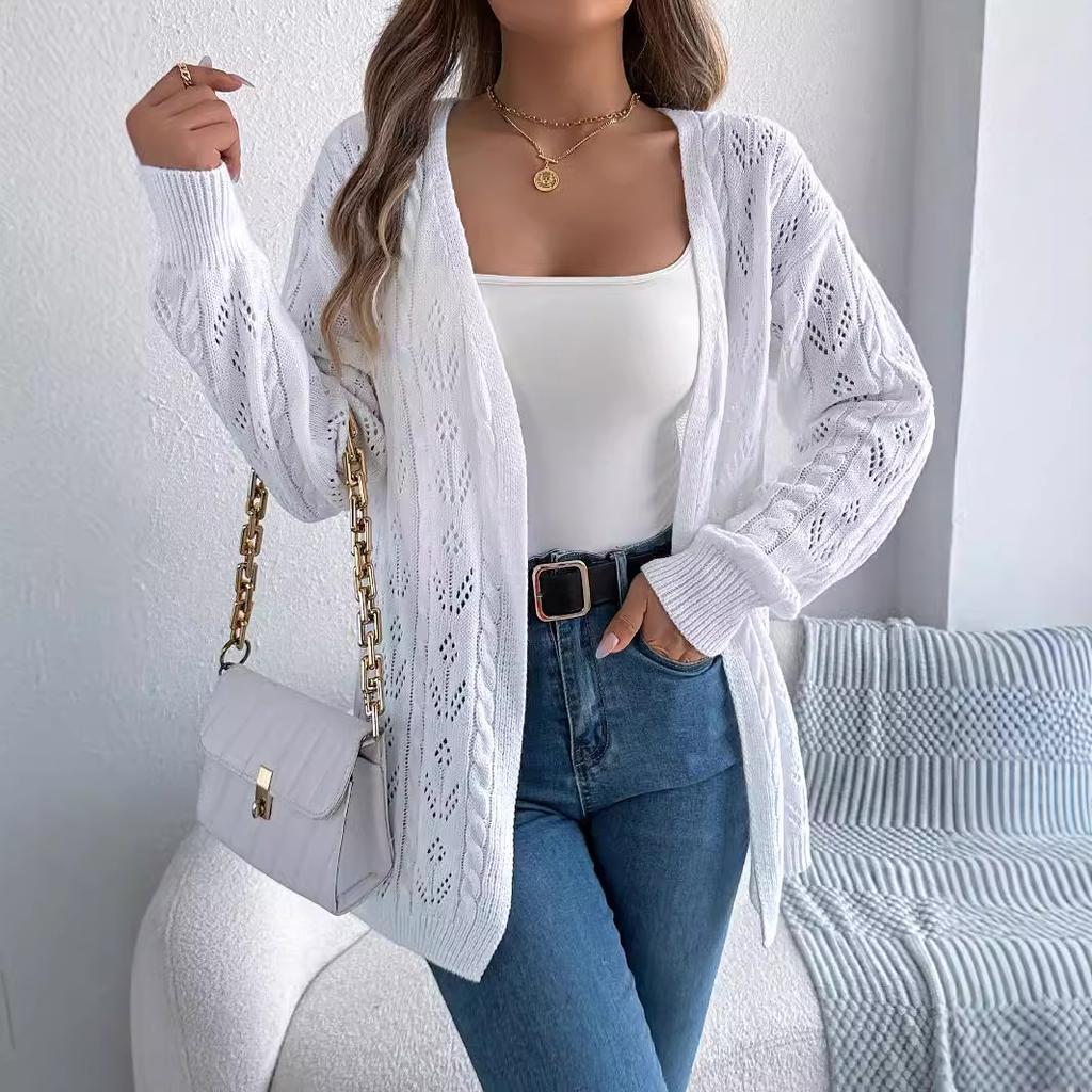 GMXIA Autumn and Winter Casual Solid Color Openwork Long-sleeved Cardigan Sweater Jacket Women's Wear