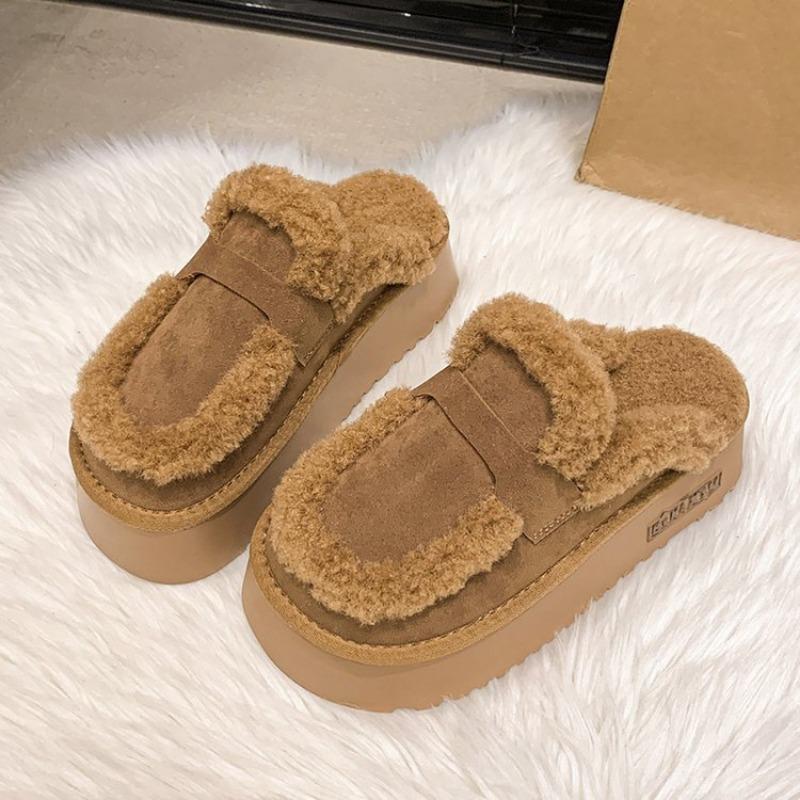 Women's Baotou Slippers Winter New Round Head Deep Mouth Suede Thick Soles Anti-slip Wear-resistant Flat Shoes