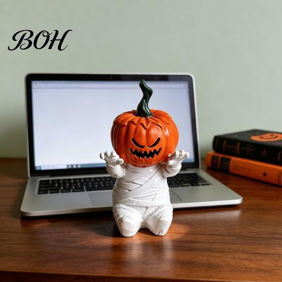 Holiday Gift for Friends Pumpkin Head Mummy Statue, Funny Halloween Decorations, Cute Sitting Desktop Resin Figurines Figurine Shelf Sitter