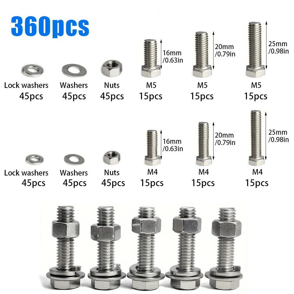 360-piece stainless steel hex bolt, nut, and washer set, M4/M5, lengths 16mm, 20mm, 25mm.