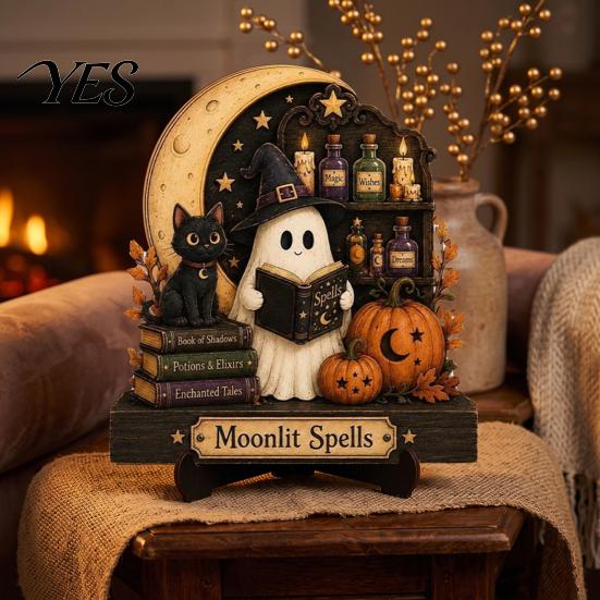 Ghost Reading Bookshelf Decor Halloween Figurine, Retro Wooden Statue, Vintage Desktop Craft Ornament with Stacked Book for Home Office Shelf Creative