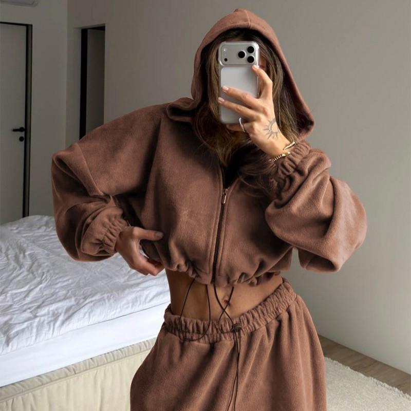2026 Fall Winter Womens Hooded Drawstring Cropped Zipper Jacket Straight Leg Pants Set Loose Streetwear Two Piece Outfit