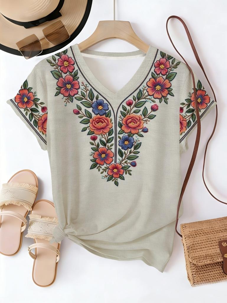 2026 Women's V-Neck T-Shirt Vintage Ethnic Graphic Short Sleeved Tops Daily Wear 3D Print Tees Summer Elegant Female Clothing