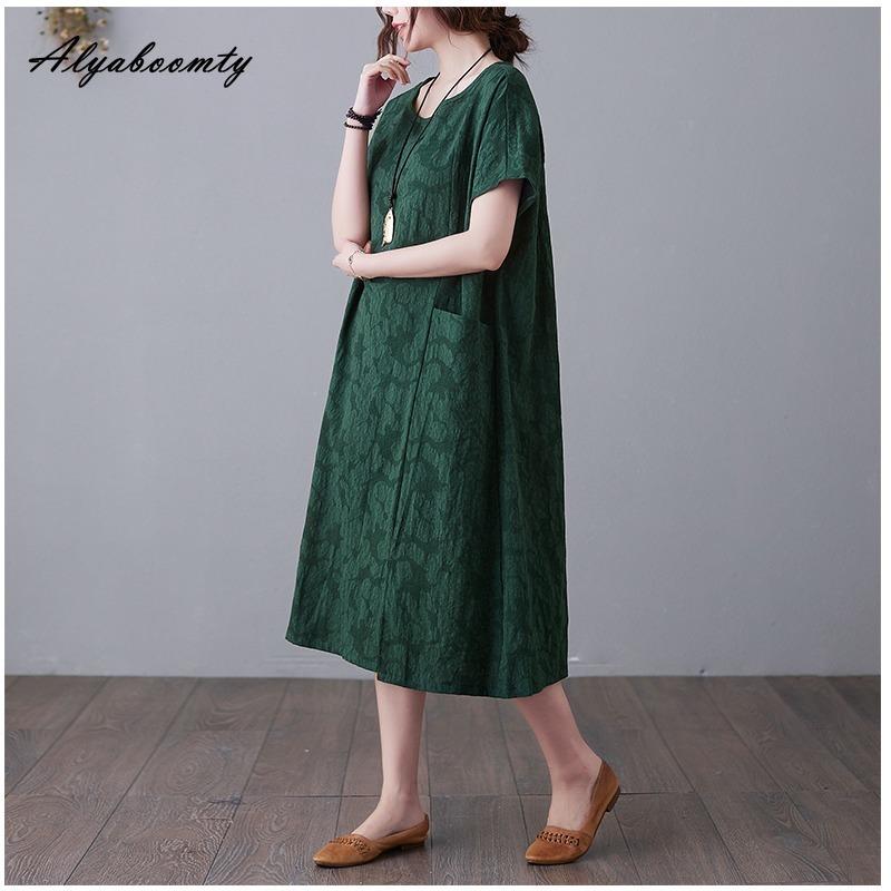 Плюс Размер Лето Женское Однотонное Платье А-силуэта Короткое Платье С О-образным Вырезом Красное Темно-синее Черное Зеленое Платье С Разрезом Жаккардовое Хлопковое Свободное Платье С Карманом