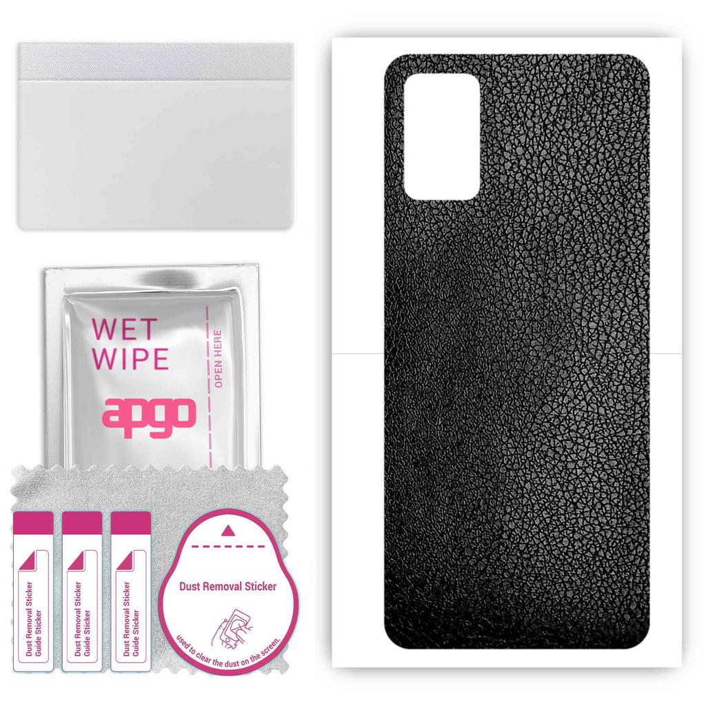 apgo Protective Skin Sticker for the Back Compatible with Samsung Galaxy F02s, Wrap Film, Foil, Vinyl - Pattern Black Leather