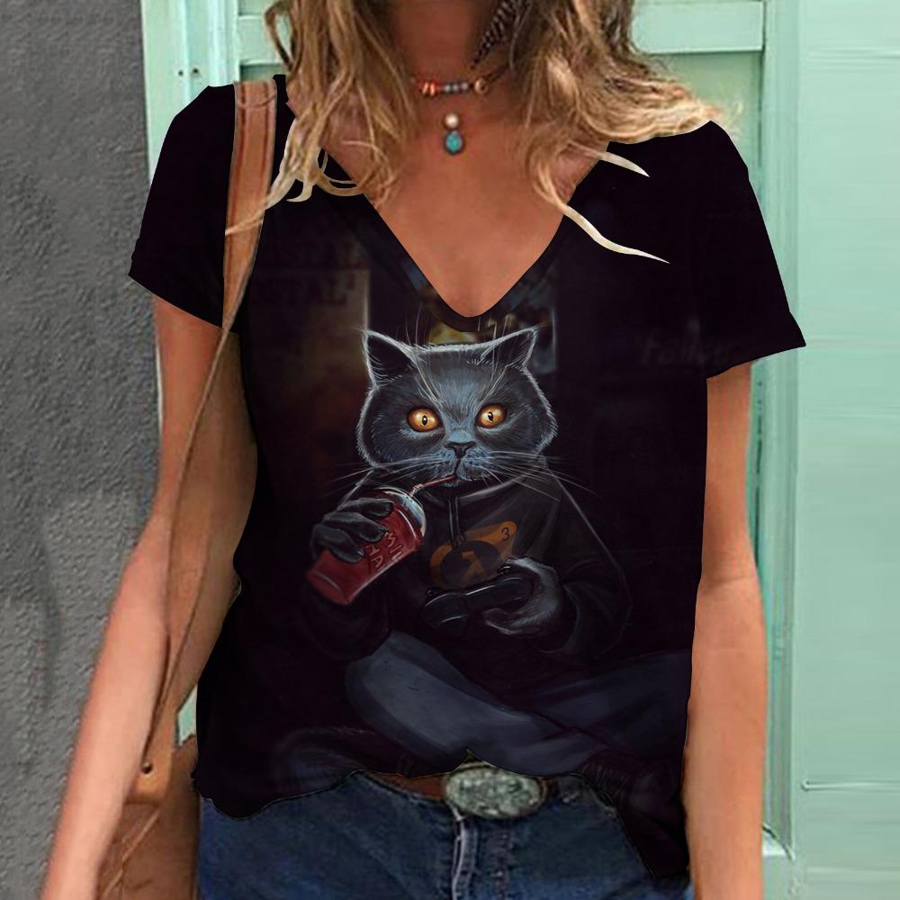 Модная женская футболка с рисунком кошки, короткий рукав, 3D-принт с изображением животных, футболка большого размера с V-образным вырезом, летняя женская одежда Y2k Harajuku