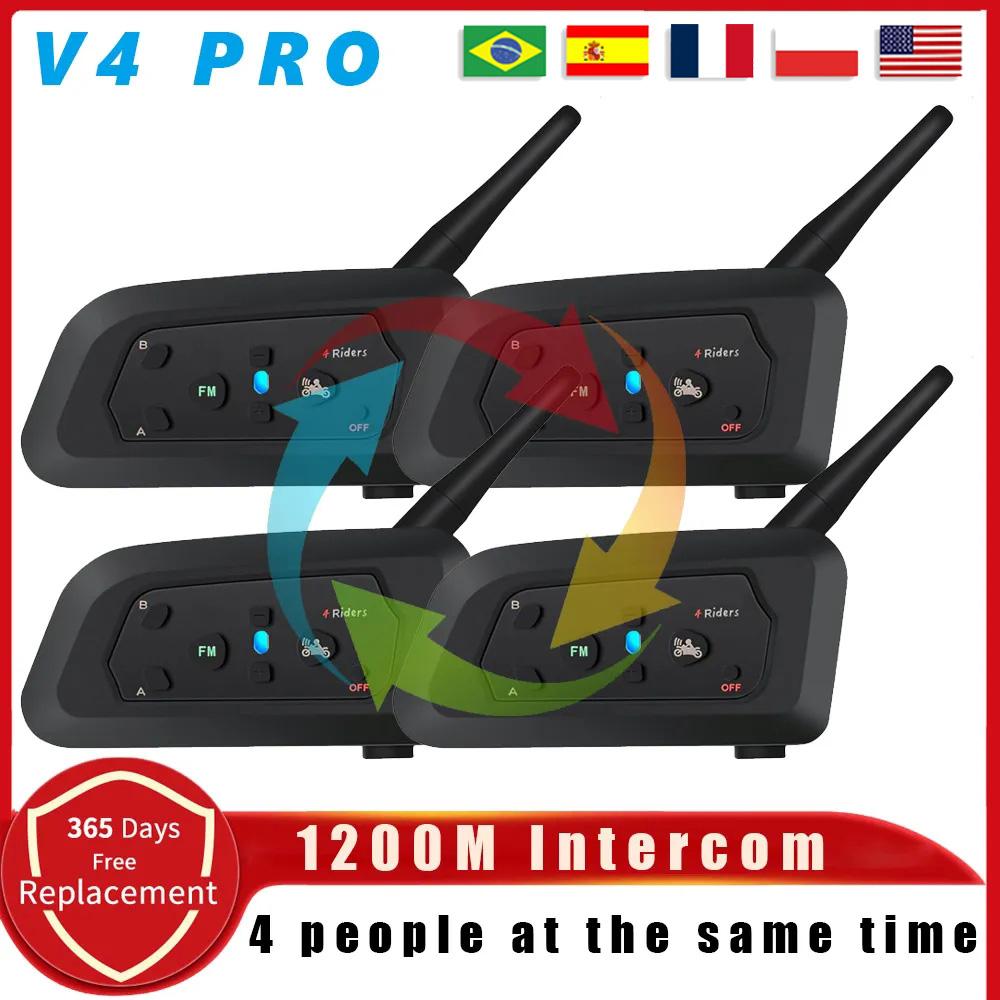 V4 PRO Мотоциклетный шлем Bluetooth-гарнитура для связи 1200 м 4 водителя Полный дуплекс Интерфон с FM-радио Водонепроницаемый коммуникатор