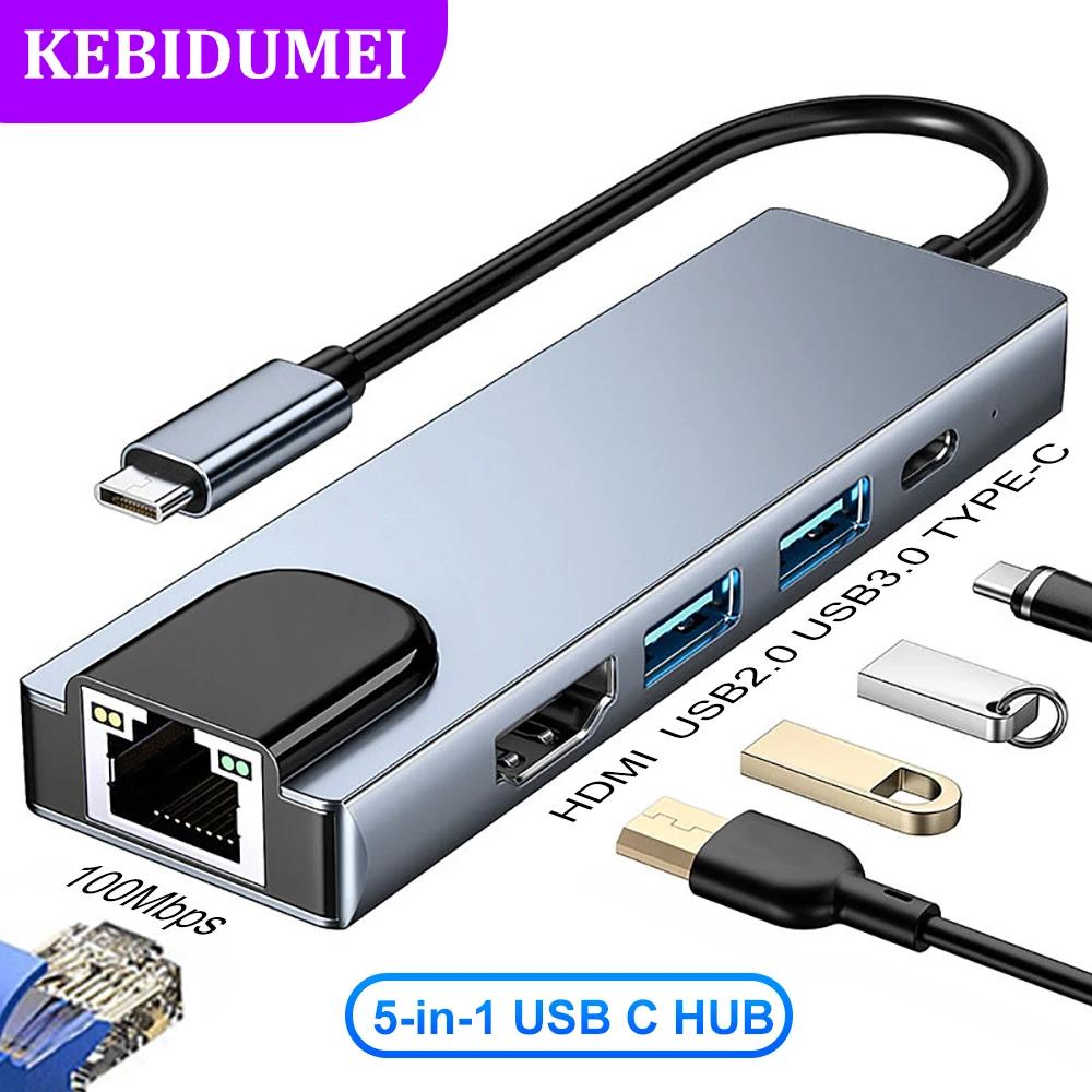 5 Ports USB C Docking Station Type C To HDMI 4K/RJ45 100M Splitter USB 3.0 5Gbps High Speed USB C HUB Adapter For Laptop Macbook