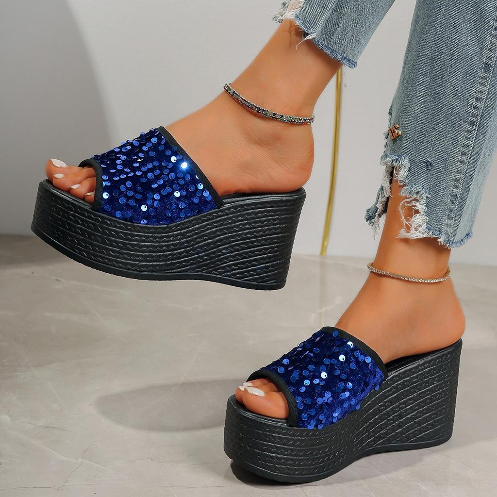 Мода 2024 Новые женские шлепанцы на танкетке с пайетками, на высоком каблуке, повседневные, модные, летние, роскошные сандалии, уличные мюли на платформе, женские